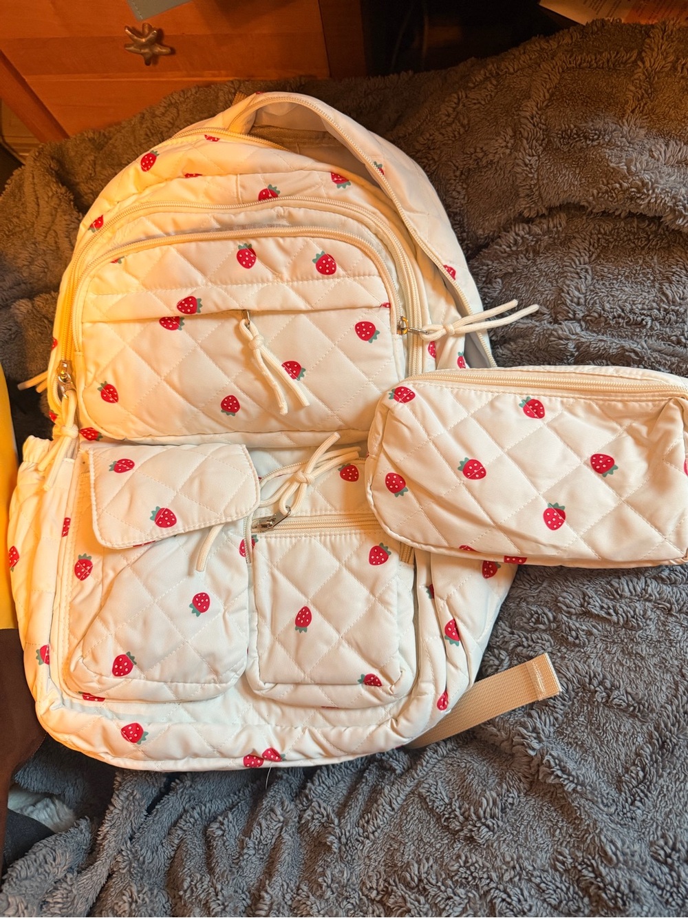 Quilted Strawberry Print Cream Backpack with Matching Pencil Case